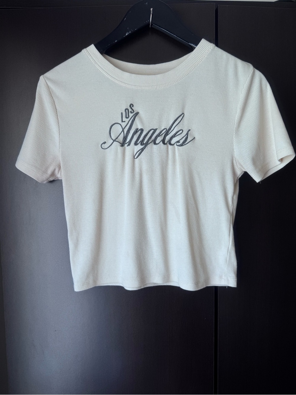 Y2K Cream Ribbed 'Los Angeles' Cropped Top Cotton Blend